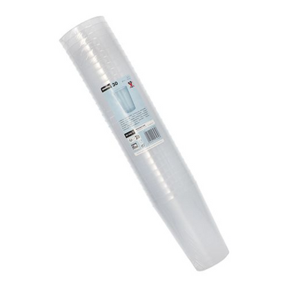 Pino Starpak-uudelleenkäytettäviä muovimukeja PP 0,5 l, käärittynä läpinäkyvään kutistekalvoon, jossa on etiketti ja viivakoodi. Mukit on asetettu pystysuoraan yksinkertaisen valkoisen taustan eteen.