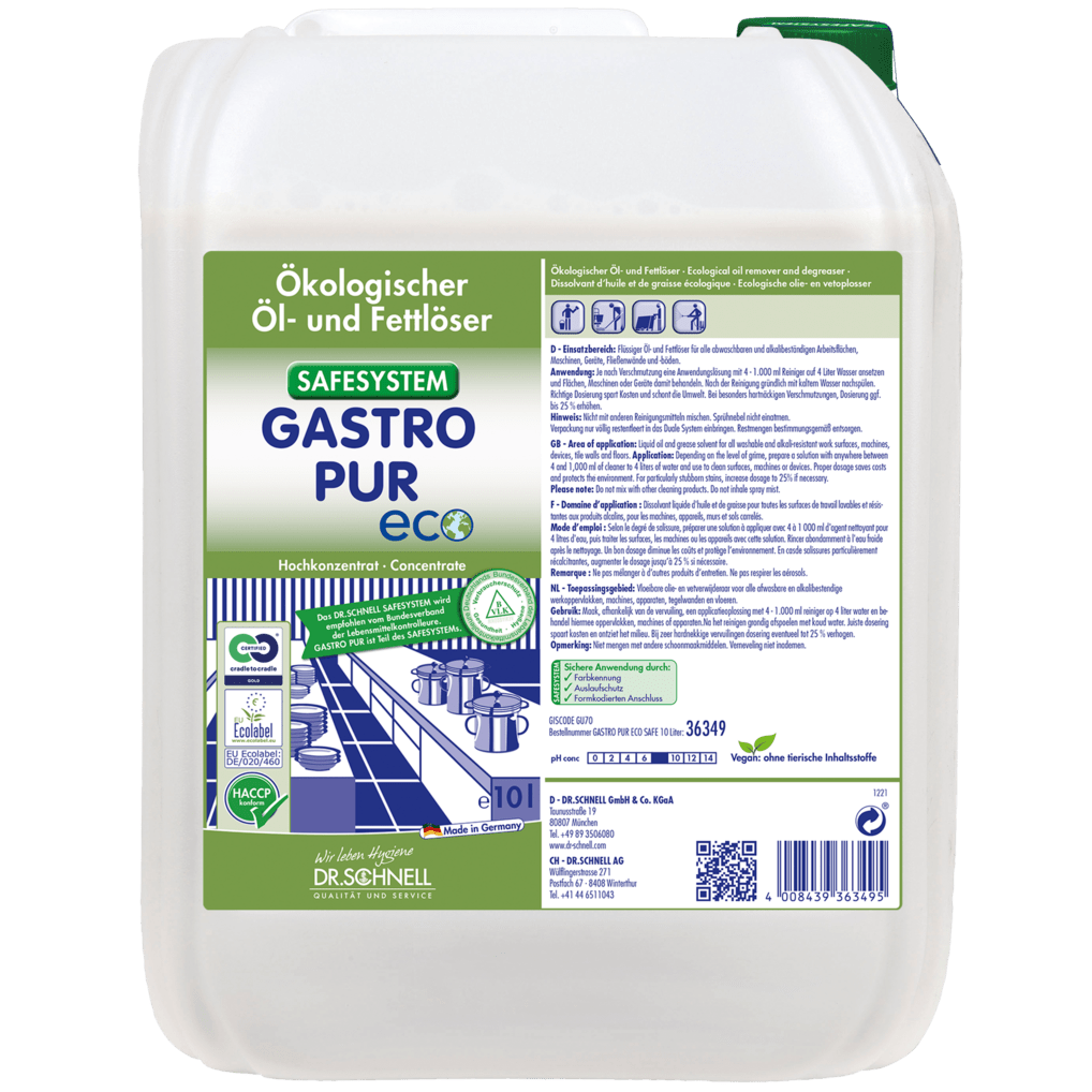 Valkoinen 10 litran muovisäiliö, jossa on teksti "Dr. Schnell GASTRO PUR ECO öljy- ja rasvaliukoinen puhdistusaine" DR.SCHNELL GmbH & Co. KGaA:lta, piktogrammeilla ja kuvalla gastronomian keittiön puhdistukseen.