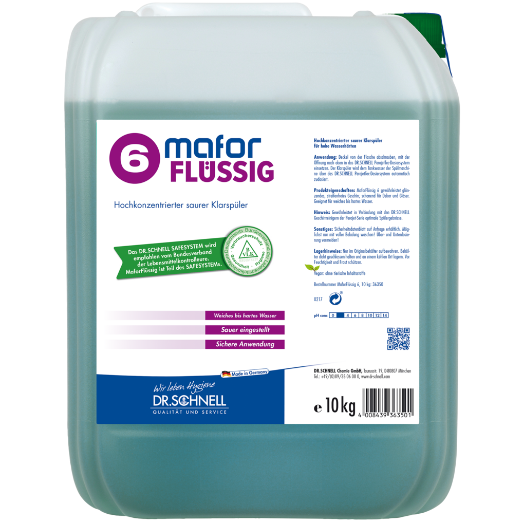 Ein 10-kg-Rechteckbehälter von Dr. Schnell MAFOR FLÜSSIG 6 Klarspüler für Geschirrspülmaschinen von DR.SCHNELL GmbH & Co. KGaA, mit deutschen Produktangaben und Anweisungen auf einem weiß-grün-lila Etikett.