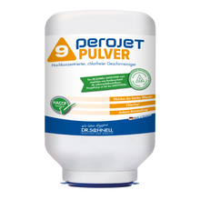 Eine weiße 3kg-Kartusche der DR.SCHNELL GmbH & Co. KGaA PEROJET PULVER 9, ein chlorfreies Geschirrspülmittel für gewerbliche Maschinen, mit farbigen Etiketten, deutschem Text und HACCP-Zertifizierung.