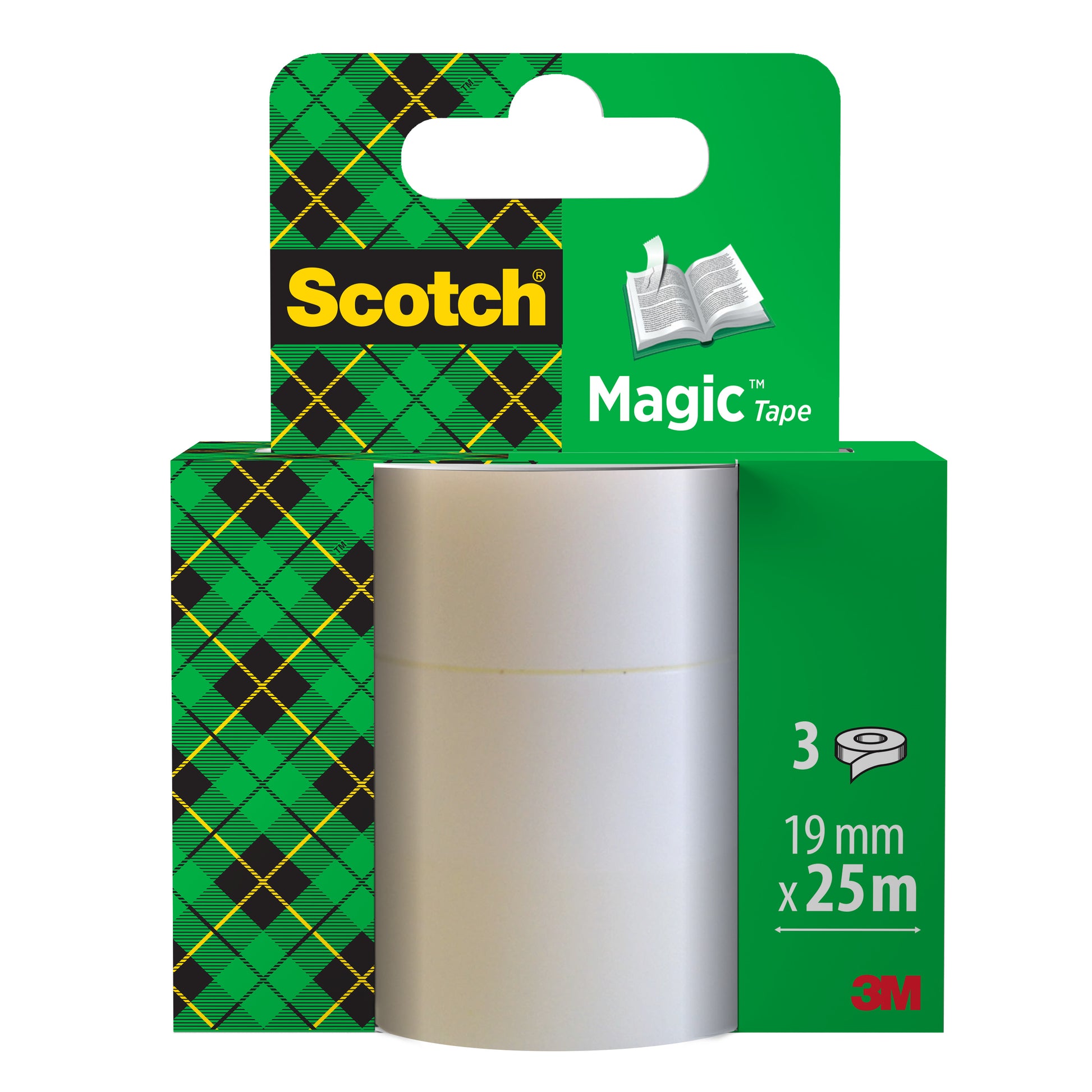 Die Scotch® Magic™ Unsichtbares Klebeband 8-1925R3 Nachfüllpackung von 3M Deutschland GmbH enthält drei Rollen (je 19 mm x 25 m) in grüner Verpackung mit schwarz-gelbem Karo und sichtbarem 3M-Logo.
