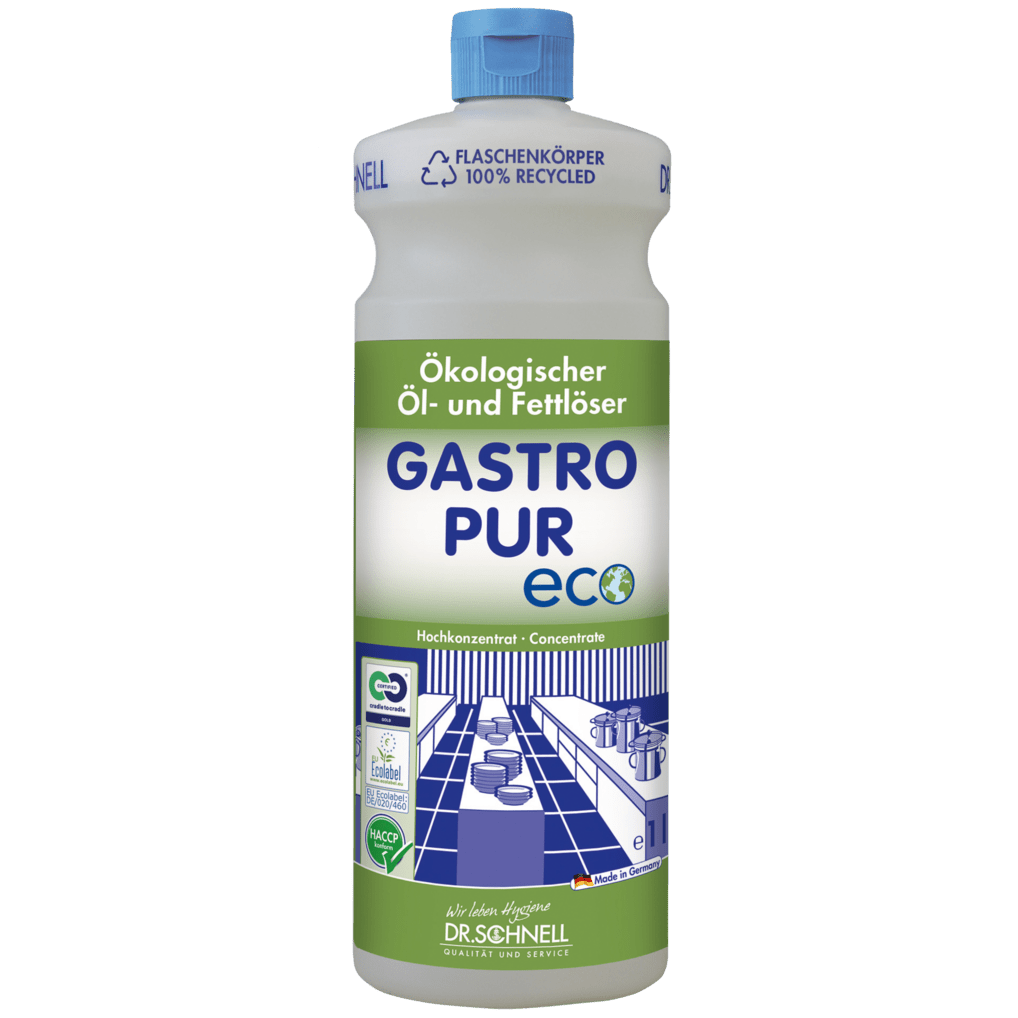 DR.SCHNELL GmbH & Co. KGaA:n Dr. Schnell GASTRO PUR ECO öljy- ja rasvaliukoinen puhdistusaine on varustettu vihreällä ja sinisellä etiketillä, sinisellä korkilla, kierrätyssymboleilla, saksankielisellä tekstillä ja suurkeittiön kuvalla.