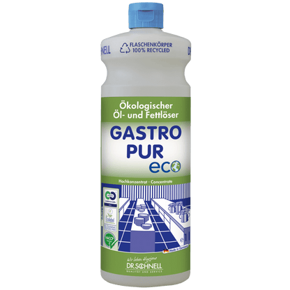 DR.SCHNELL GmbH & Co. KGaA:n Dr. Schnell GASTRO PUR ECO öljy- ja rasvaliukoinen puhdistusaine on varustettu vihreällä ja sinisellä etiketillä, sinisellä korkilla, kierrätyssymboleilla, saksankielisellä tekstillä ja suurkeittiön kuvalla.