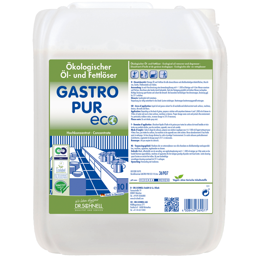 10 litran Dr. Schnell GASTRO PUR ECO öljy- ja rasvaliukoinen puhdistusaine DR.SCHNELL GmbH & Co. KGaA:lta näyttää etiketissä tuotetiedot, sertifikaatit, käyttöohjeet ja keittiögrafiikat vihreän, sinisen ja valkoisen värisinä.