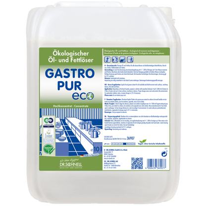 10 litran Dr. Schnell GASTRO PUR ECO öljy- ja rasvaliukoinen puhdistusaine DR.SCHNELL GmbH & Co. KGaA:lta näyttää etiketissä tuotetiedot, sertifikaatit, käyttöohjeet ja keittiögrafiikat vihreän, sinisen ja valkoisen värisinä.