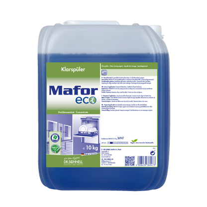 Ein 10 kg transparentes Gebinde Dr. Schnell MAFOR ECO Klarspüler für Geschirrspülmaschinen von DR.SCHNELL GmbH & Co. KGaA mit blauer Flüssigkeit und grün-weißer Umweltplakette für streifenfreies Geschirr.