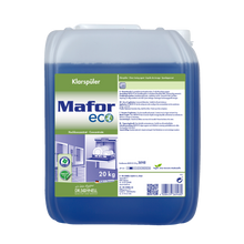 Ein 20-kg-Kunststoffbehälter mit Dr. Schnell MAFOR ECO Klarspüler für Geschirrspülmaschinen der DR.SCHNELL GmbH & Co. KGaA, ein umweltfreundliches blaues Klarspülmittel mit einem Etikett, das Geschirr und Öko-Symbole zeigt und auf streifenfreie Ergebnisse in Geschirrspülmaschinen hinweist.