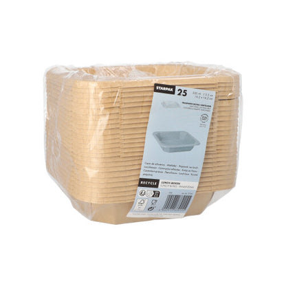 Pino 25 Starpak-lounaslaatikkoa, kulmikas pahvi, on kääritty läpinäkyvään muoviin ja etupuolella on etiketti, jossa on tuotetiedot ja yksittäisen säiliön kuva.