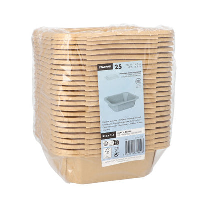 Pakkaus sisältää 25 suorakulmaista, ruskeaa Starpak-lounaslaatikkoa pahvista, käärittynä muovikalvoon, etiketissä edessä näkyy Starpak-brändi ja tuotetiedot. Täydellinen ympäristöystävälliseksi lounaslaatikoksi mihin tahansa tapahtumaan.