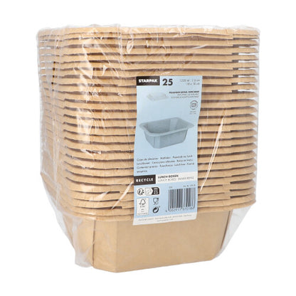 Kuvassa on muovikalvoon kääritty pino Starpak 25 lounaslaatikkoa, kulmikas pahvi. Etupuolella on valkoinen etiketti, jossa on Starpak-brändi, tuotetiedot, viivakoodi, kierrätyssymbolit ja avoimen laatikon kuva.