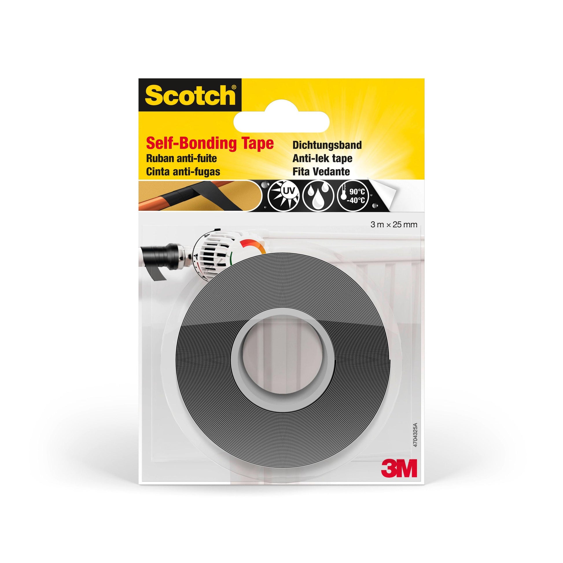 Abgebildet ist eine Verpackung von Scotch® selbstverschweißendes Reparaturband GFNSP 4704 (25 mm x 3 m, Schwarz) der 3M Deutschland GmbH. Die Verpackung zeigt das schwarze Band und die Eigenschaften für UV-, Wasser- und Hitzebeständigkeit in mehreren Sprachen.