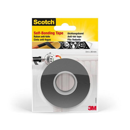 Scotch® itseliimautuva korjausteippi GFNSP 4704:n pakkaus 3M Deutschland GmbH:ltä näyttää mustan rullan (25 mm x 3 m) englannin, ranskan, espanjan ja saksan kielisin tiedoin. Pakkaus korostaa UV-kestävyyttä ja lämpötila-aluetta.