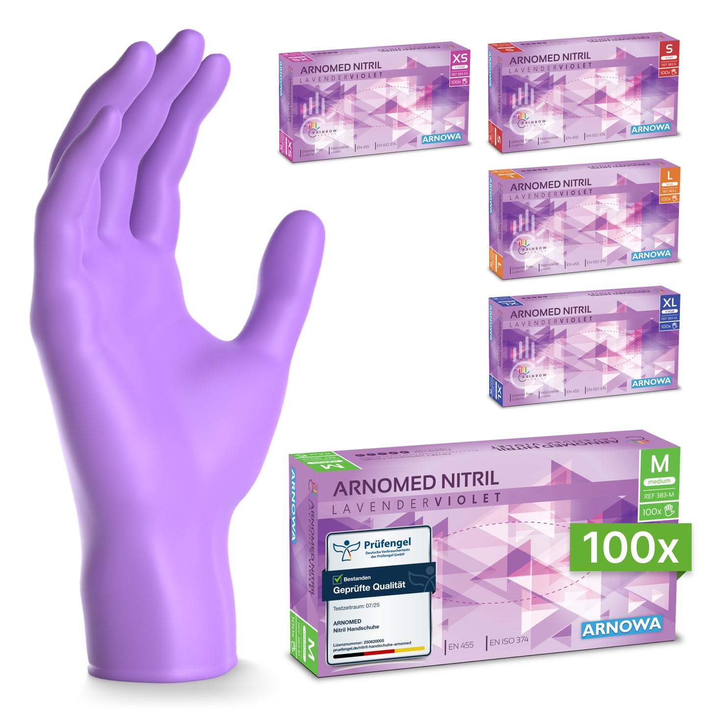 Suuri ARNOMED NITRIL LAVENDER VIOLET hanska ARNOWA GmbH:ltä seisoo pystyssä viiden värikoodatun, puuterittoman laatikon (XS-XL, 100 hanskaa/laatikkko) vieressä ARNOMED lääkinnälliset hanskat.