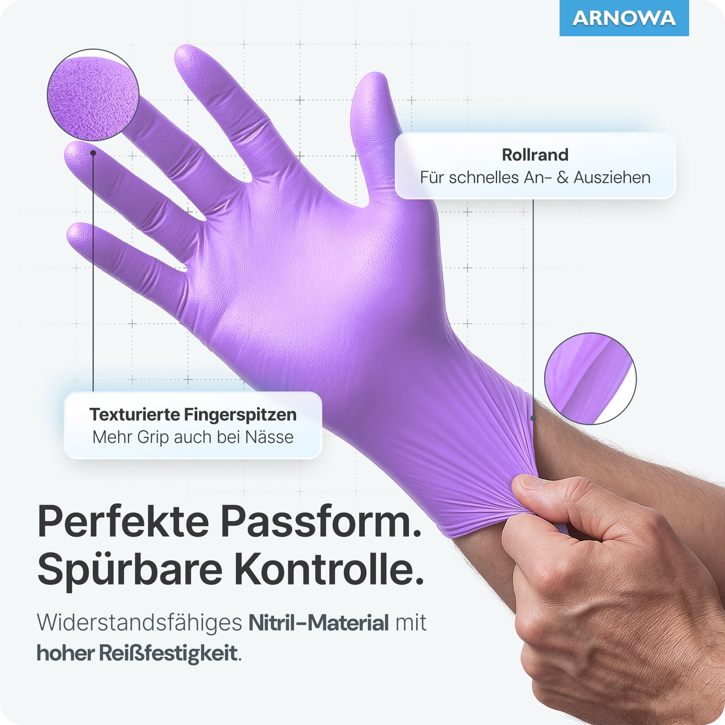 Kädessä on ARNOMED NITRIL LAVENDER VIOLET kertakäyttöhanska, joka on valmistettu violettisesta nitriilistä ARNOWA GmbH:ltä. Teksti osoittaa rakenteelliset sormenpäät, kierretyn rannekkeen ja mukavan istuvuuden. Saksalainen teksti kertoo, että ne ovat puuterittomia, erityisen pitäväotteisia ja repeämättömiä. ARNOWA-logo oikeassa yläkulmassa.