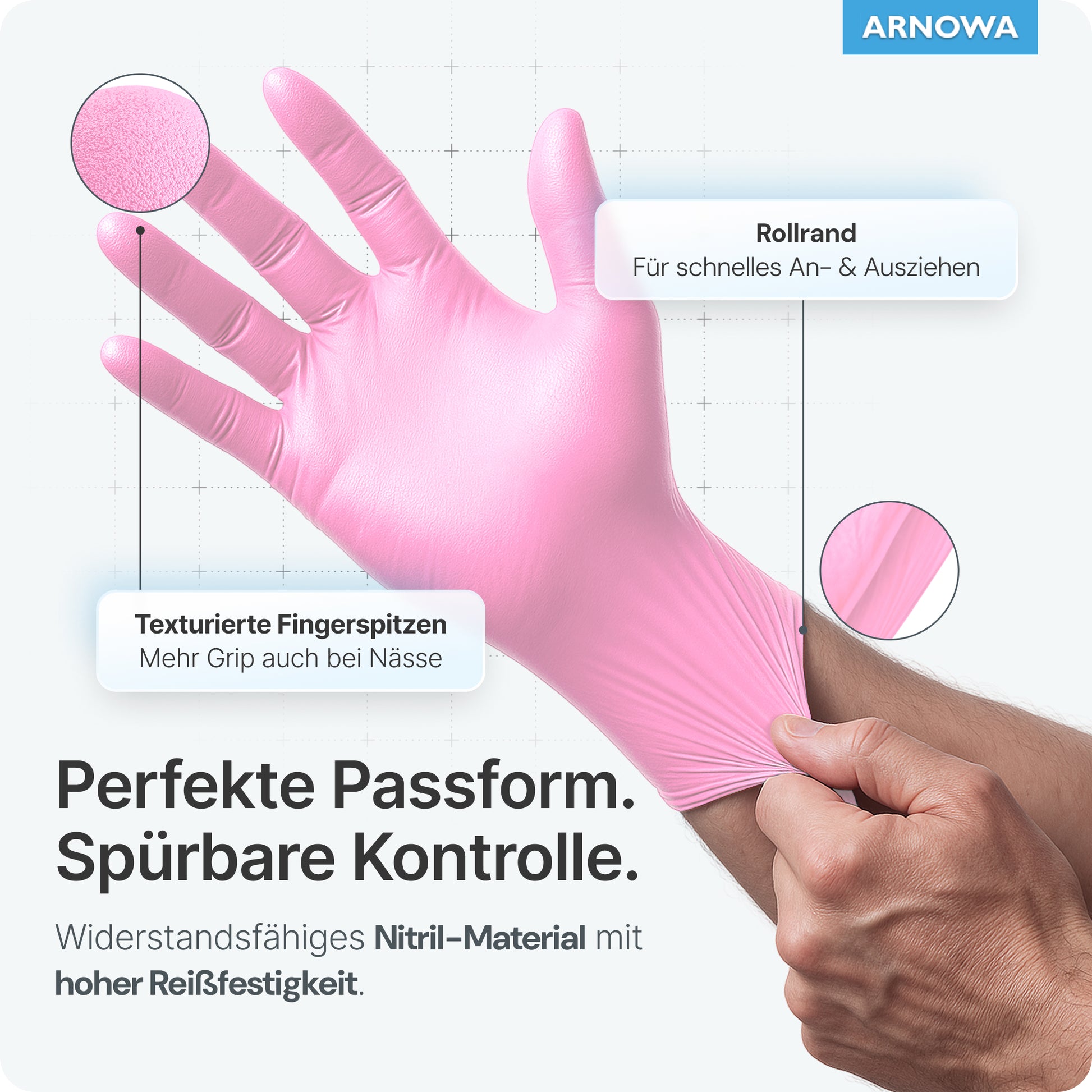 Abgebildet ist eine Hand in ARNOMED NITRIL BLOSSOM ROSE Einmalhandschuhe aus Nitril Rosa von ARNOWA GmbH. Texturierte Fingerspitzen sorgen für Griffigkeit, ein Rollrand ermöglicht ein leichtes Anziehen und der Handschuh bietet perfekten Sitz, hohe Reißfestigkeit und ist latexfrei.