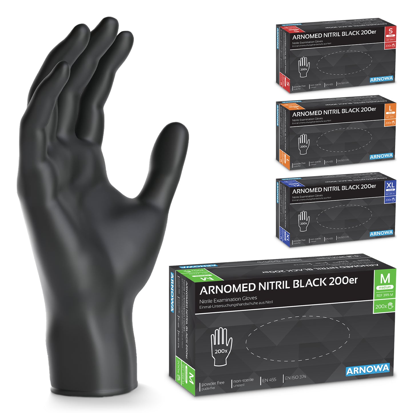 Musta ARNOMED NITRIL BLACK 200 -kappaleen nitriilikäsine ARNOWA GmbH:lta seisoo pystyssä neljän pakatun 200-kappaleen säästöpakkauksen vieressä punaisena (S), oranssina (L), sinisenä (XL) ja vihreänä (M) - lateksiton ja puuteriton.