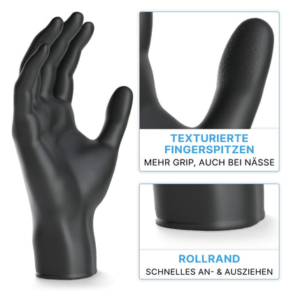 ARNOMED NITRIL BLACK 200 -kappaleen nitriilikäsine ARNOWA GmbH:lta seisoo pystyssä, lähikuvat näyttävät pitävät sormenpäät ja rullareunan helppoon pukemiseen; saksalainen teksti korostaa lateksittomuutta ja puuterittomuutta.