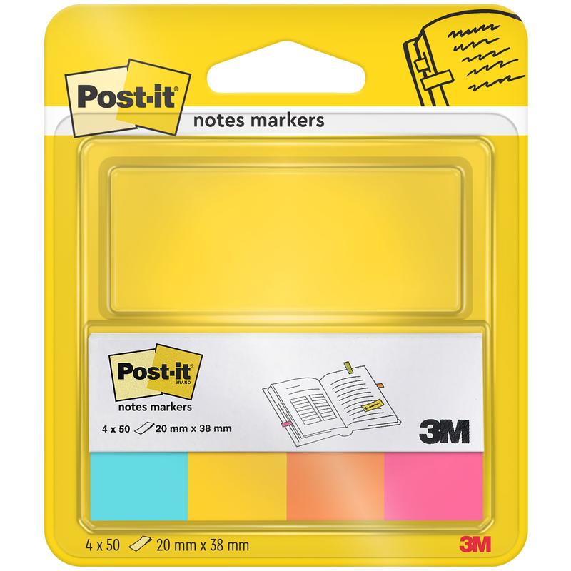 Yksi 3M Deutschland GmbH:n Post-it® Page Markers -pakkaus sisältää neljä lohkoa (keltainen, vihreä, pinkki ja oranssi), kukin 20 mm x 38 mm ja 50 arkkia/lohko, 100% PEFC-sertifioitu. Enimmäkseen keltaisessa pakkauksessa on läpinäkyvä ikkuna, josta markerit näkyvät.
