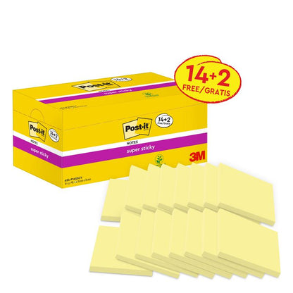 Keltainen laatikko Post-it® Super Sticky Notes, Keltainen, 76 x 76 mm (14 lohkoa + 2 ilmaista/pakkaus, 90 arkkia/lohko, 100% PEFC), 3M Deutschland GmbH, kuusitoista keltaista muistilappua edessä järjestettynä.