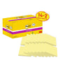 Keltainen laatikko Post-it® Super Sticky Notes, Keltainen, 76 x 76 mm (14 lohkoa + 2 ilmaista/pakkaus, 90 arkkia/lohko, 100% PEFC), 3M Deutschland GmbH, kuusitoista keltaista muistilappua edessä järjestettynä.