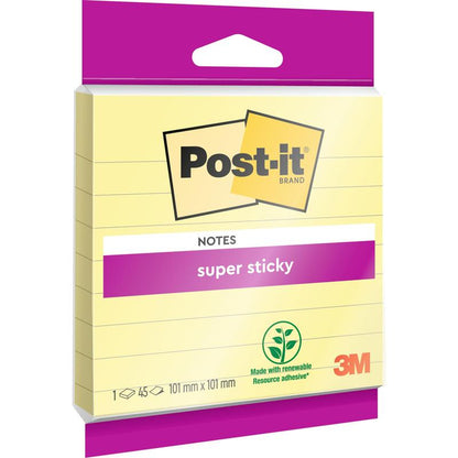 Yksi paketti Post-it® Super Sticky Notes -muistiinpanoja suuressa koossa, viivoitettu (101 mm x 101 mm, 45 arkkia), 3M Deutschland GmbH:lta, jossa on "super sticky" -merkintä ja PEFC-sertifikaatti.