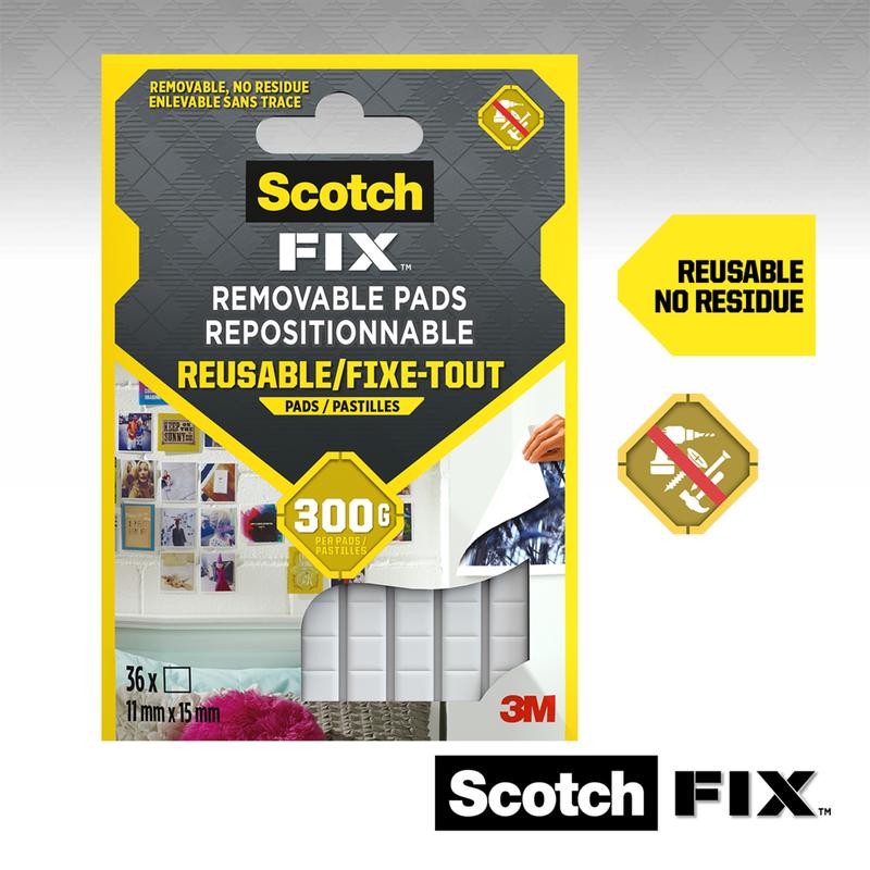 Kuvassa on pakkaus Scotch-FIX™ irrotettavia kiinnitystyynyjä 301008C36-P 3M Deutschland GmbH:lta (11 mm x 15 mm, 36 kpl). Pakkauksessa on merkintä "Uudelleenkäytettävä, jäämätön" ja se näyttää valkoisia kiinnitystyynyjä, jotka ovat ihanteellisia esineiden kiinnittämiseen ilman seinän vahingoittamista.
