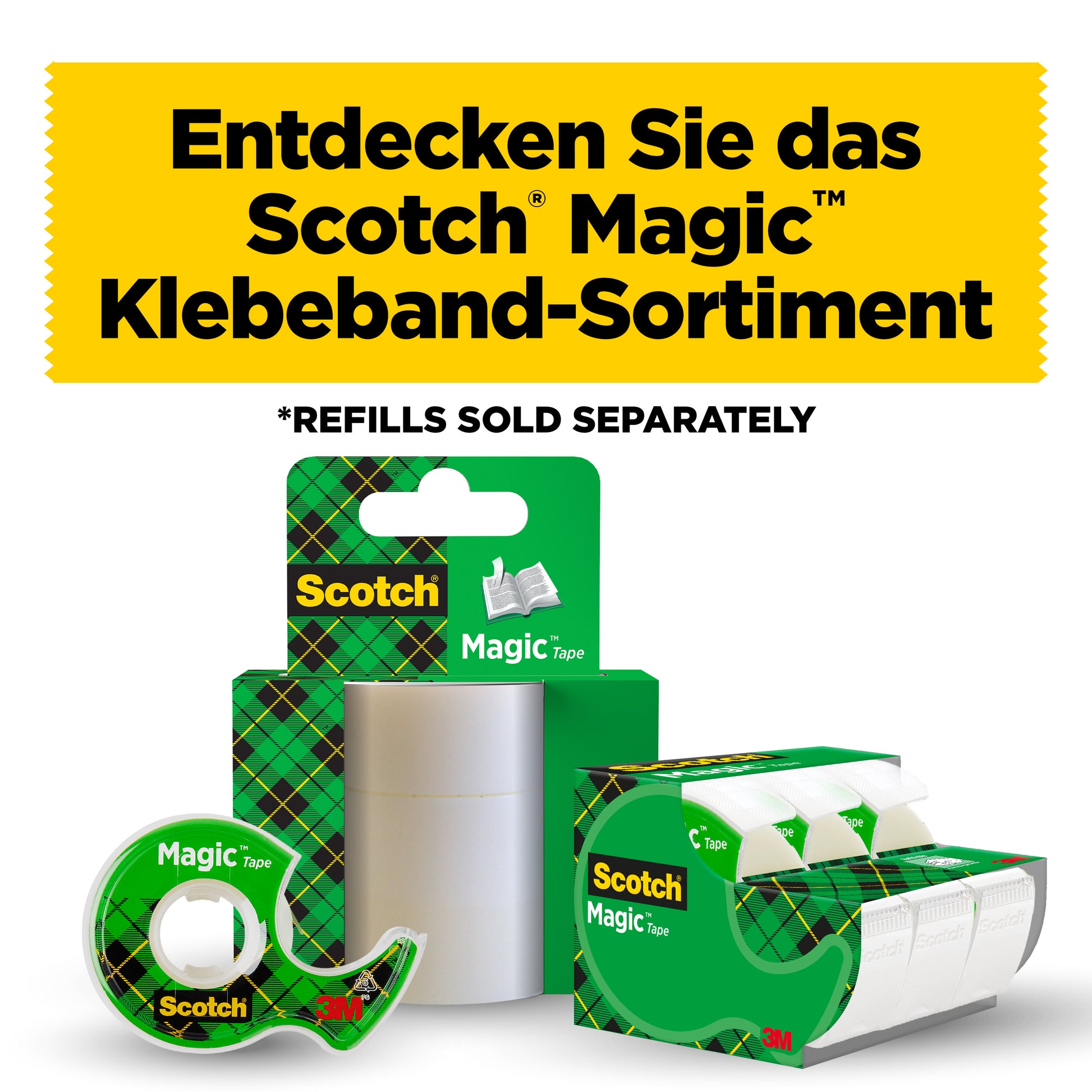 Ein Display von Scotch® Magic™ Unsichtbares Klebeband von 3M Deutschland GmbH mit einer Nachfüllpackung (1 Rolle, 19 mm x 25 m); Hintergrundtext in deutscher Sprache bewirbt das Scotch Magic Klebebandsortiment.