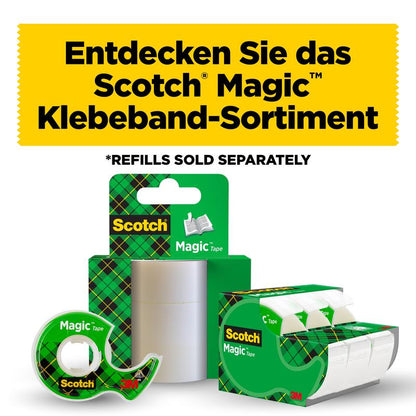Näyttö 3M Deutschland GmbH Scotch® Magic™ näkymätön teippi, mukaan lukien 1 rulla (19 mm x 7,5 m) käsin annostelijalla. Ylhäällä lukee saksaksi: "Tutustu Scotch Magic teippivalikoimaan".