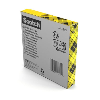 Laatikko Scotch® kaksipuolista teippiä, 1 rulla (19 mm x 33 m) 3M Deutschland GmbH:lta näyttää kelta-mustan ruutukuvion, tuotetiedot useilla kielillä ja kierrätyssymbolit-ihanteellinen askartelutarvikkeisiin.