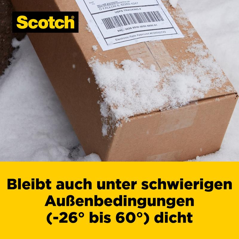 Pahvilaatikko, jossa on lähetysetiketti, on osittain lumen peitossa. Teksti kuuluu: "Pysyy tiiviinä myös vaikeissa ulko-olosuhteissa (-26° - 60°)." 3M:n Scotch® Box Lock™ pakkausteippi 3950-LR3-DC varmistaa turvallisen pidon laatikoissa.