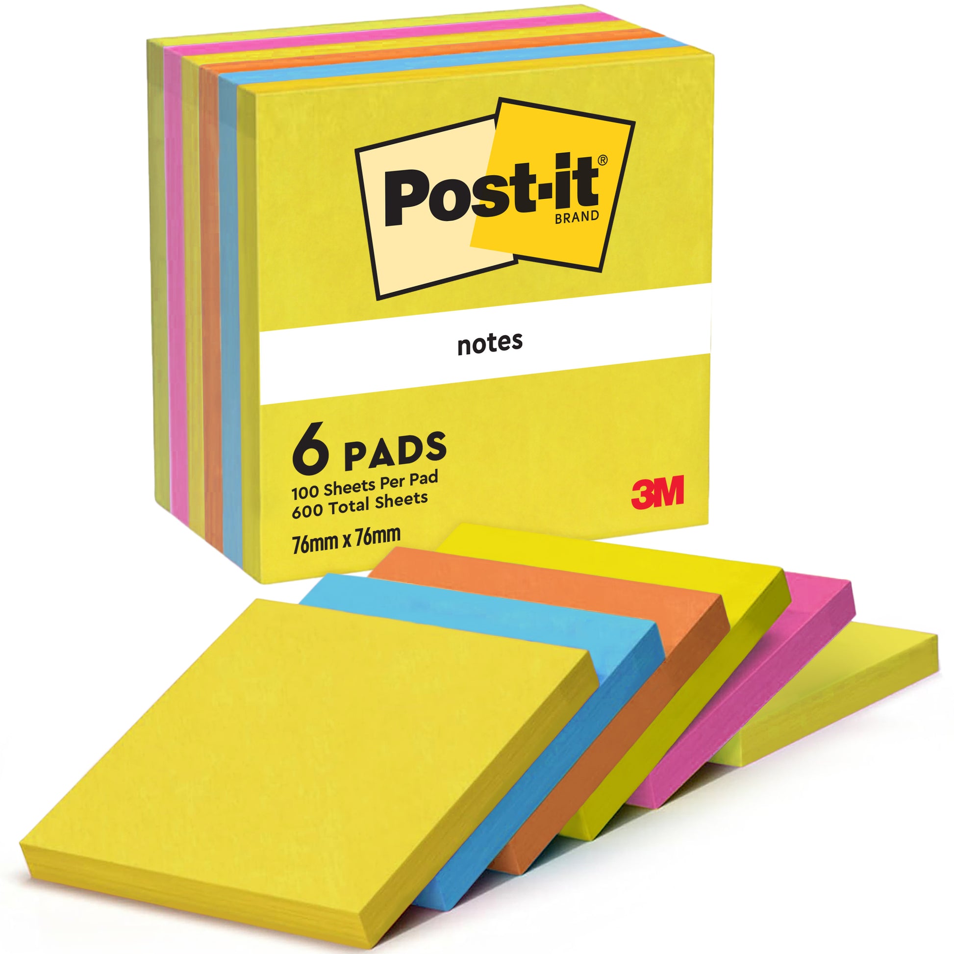 Eine Packung 3M Post-it® Notes, Energetic Collection, enthält sechs 76 mm x 76 mm große Blöcke (je 100 Blatt) in verschiedenen Farben. Vier Blöcke sind vorne aufgefächert. Hergestellt von 3M Deutschland GmbH, PEFC-zertifiziert.