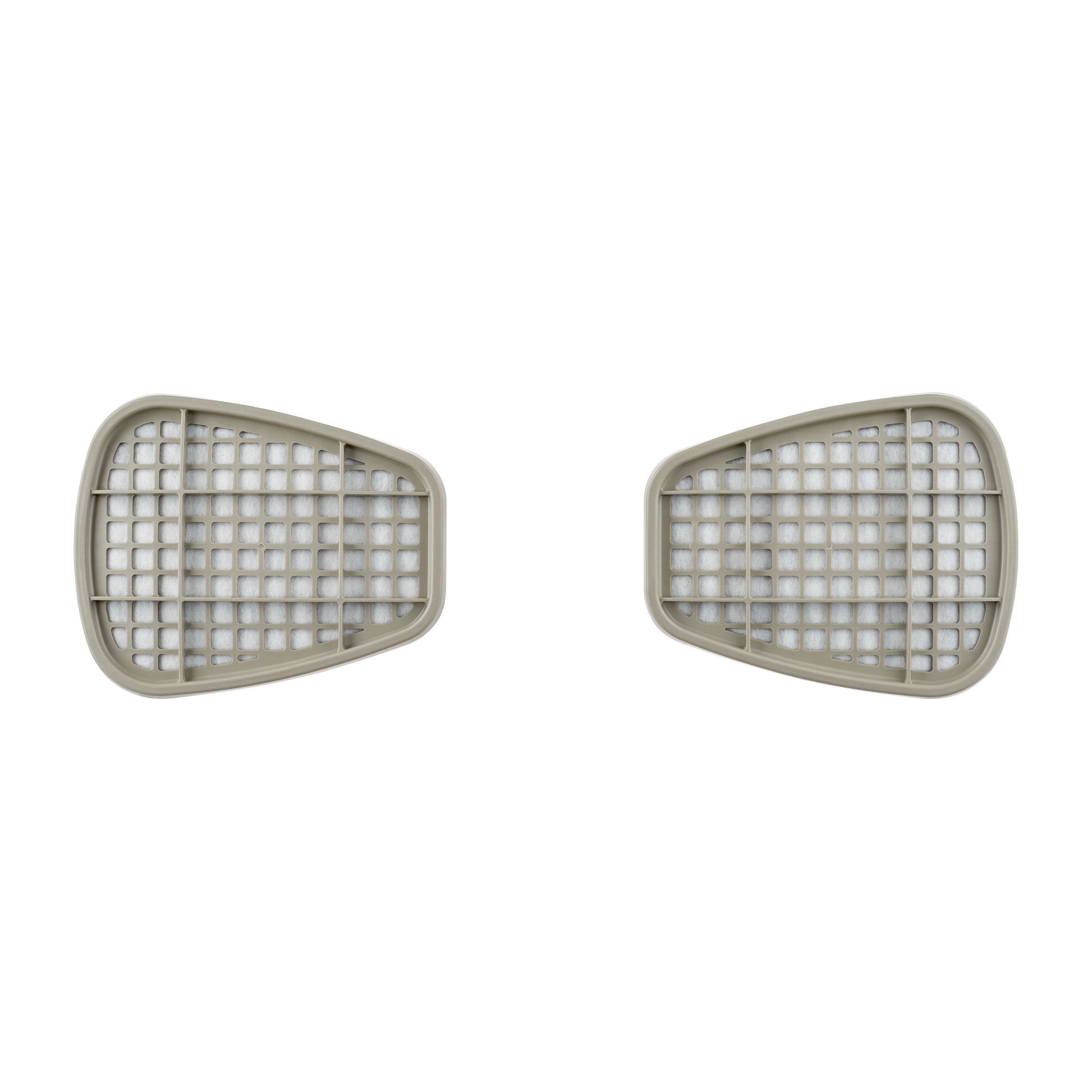 Abgebildet sind zwei identische 3M™ Filterpatronen 6055, A2 Organische Dämpfe von 3M Deutschland GmbH nebeneinander auf weißem Hintergrund, jeweils mit einer rechteckigen, leicht gewölbten hellgrauen Kunststoffgitterabdeckung.