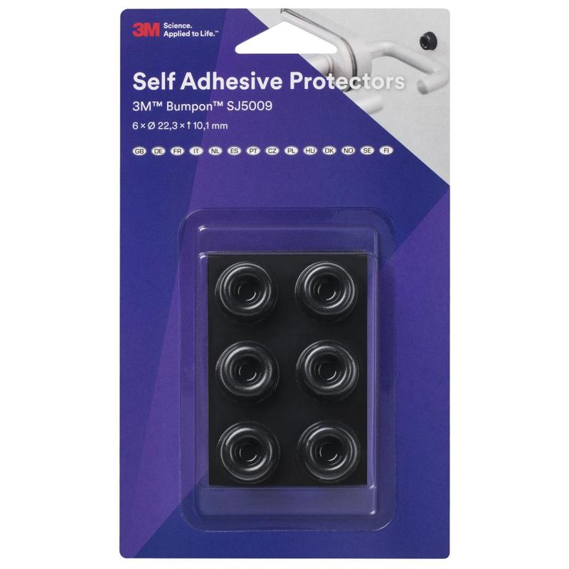 3M™ Bumpon™ SJ5009BL elastinen puskurin minipakkaus, musta, 6 kpl, 22,3 x 10,1 mm, tarttuva luonnonkumi R-30 | Pakkaus (6 kpl)