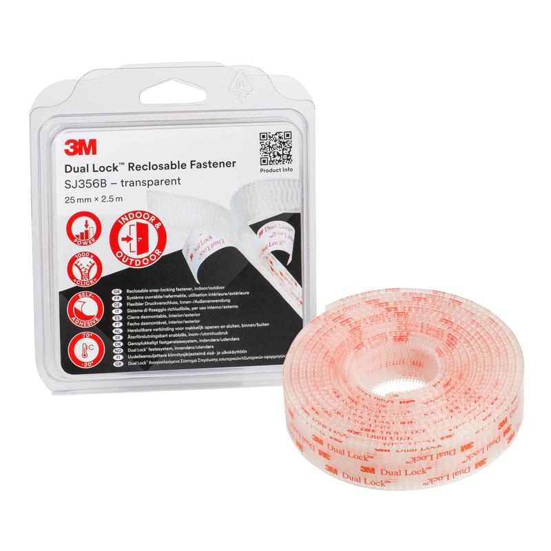 3M™ Dual Lock™ joustava neppari SJ356B, läpinäkyvä, 25 mm x 2,5 m, 5,7 mm, 40 päätä/cm², yksittäispakattu | Pakkaus (1 rulla)