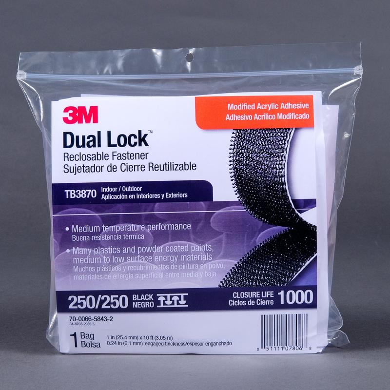 3M™ Dual Lock™ TB3870, musta, 25 mm x 3 m, 6,1 mm, 40 päätä/cm2, ulkona | Laukku (1 kpl)