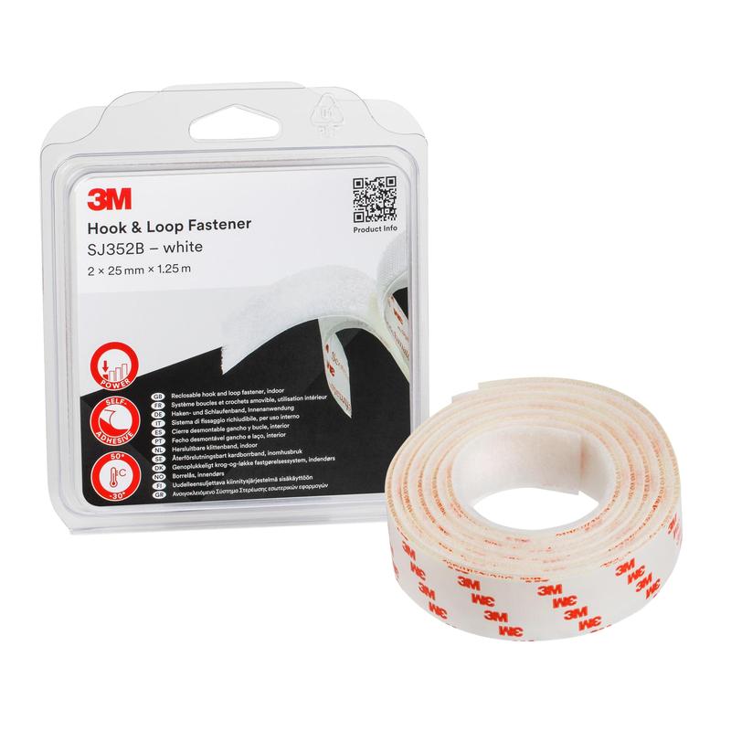 3M™ Hook and Loop -teippi SJ352B, valkoinen, 25 mm x 1,25 m, 4,4 mm, läpipainopakkaus IPC | Pakkaus (1 rulla)