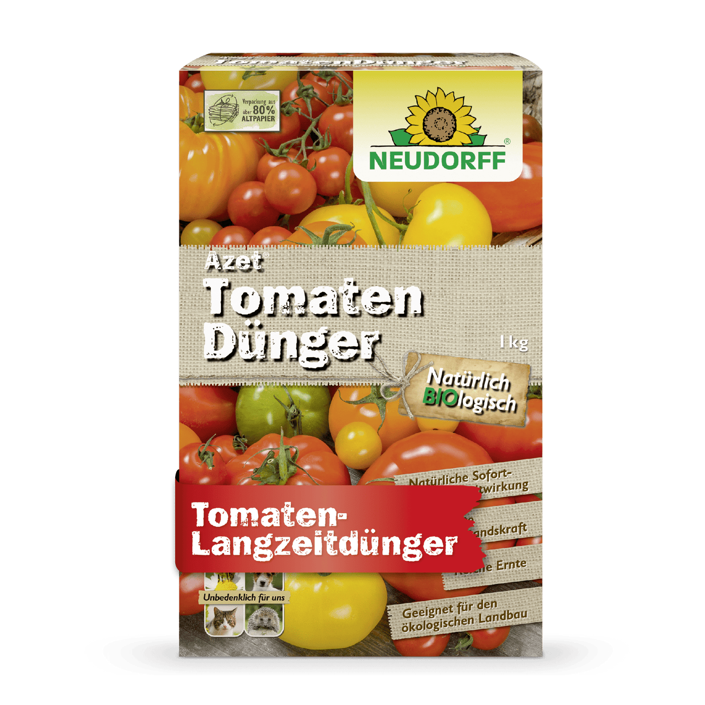 Suorakulmainen laatikko Neudorff Shopin Azet TomatenDünger -tomaattilannoitetta, jossa on tomaattikuvia, brändäystä ja saksalaista tekstiä, korostaa orgaanista kaavaa pitkäaikaiseen lannoitukseen ja runsaisiin tomaattisatoihin.