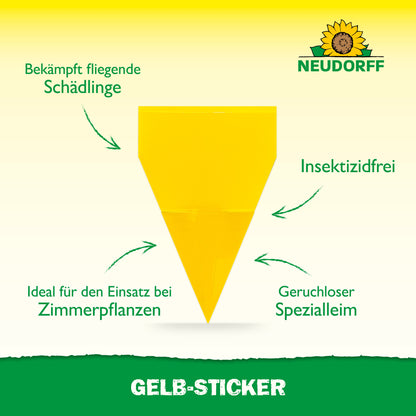 Ein gelber, dreieckiger Gelb-Sticker von Neudorff Shop, insektizidfrei und geruchsneutral, bekämpft effektiv fliegende Schädlinge wie Trauermücken auf Zimmerpflanzen. Oben ist das Neudorff-Logo abgebildet.