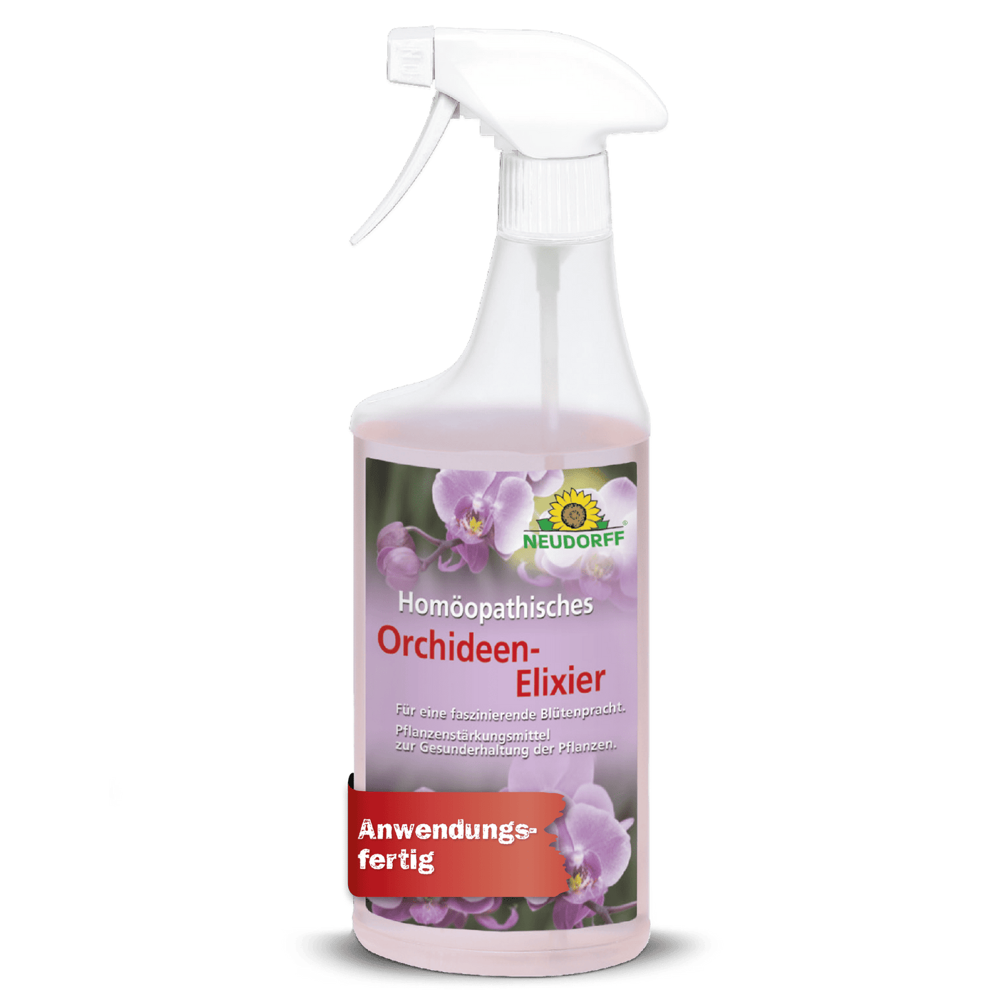 Valkoinen suihkepullo, jossa on painike ja jossa lukee "Homeopaattinen orkidea-eliksiiri" orkideoiden hoitoon, on varustettu vaaleanpunaisilla orkideoilla ja Neudorff-kaupan logolla etiketin yläpuolella, joka osoittaa tuotteen kasvien hoitotuotteeksi.