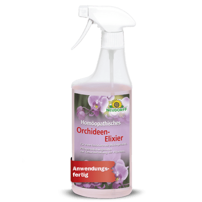 Valkoinen suihkepullo, jossa on painike ja jossa lukee "Homeopaattinen orkidea-eliksiiri" orkideoiden hoitoon, on varustettu vaaleanpunaisilla orkideoilla ja Neudorff-kaupan logolla etiketin yläpuolella, joka osoittaa tuotteen kasvien hoitotuotteeksi.