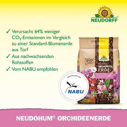 NeudoHum OrchideenErde -pussi Neudorff Shopista seisoo pystyssä "turpeeton maa", vähennetty CO₂, uusiutuvat raaka-aineet ja NABU-suositus. Ihanteellinen orkideoiden uudelleenistutukseen ja kestävään hoitoon. Pussin vieressä on NABU-merkki.