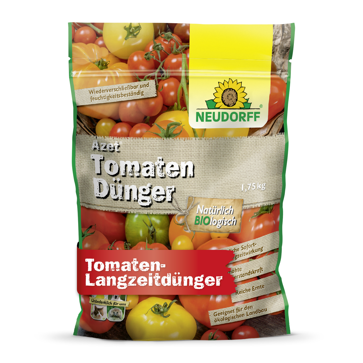 Neudorff Shopin Azet TomatenDünger on 1,75 kg painava orgaaninen tomaattilannoite, pakattu punaisen ja keltaisen tomaatin kuvilla sekä vihreillä, keltaisilla ja punaisilla saksalaisilla etiketeillä.