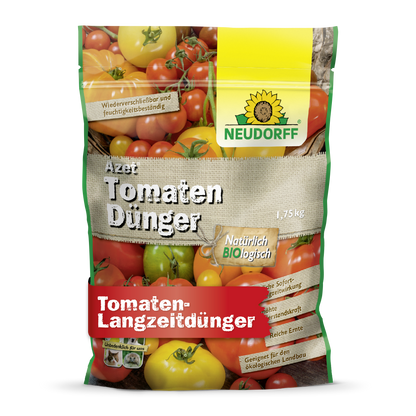 Neudorff Shopin Azet TomatenDünger on 1,75 kg painava orgaaninen tomaattilannoite, pakattu punaisen ja keltaisen tomaatin kuvilla sekä vihreillä, keltaisilla ja punaisilla saksalaisilla etiketeillä.