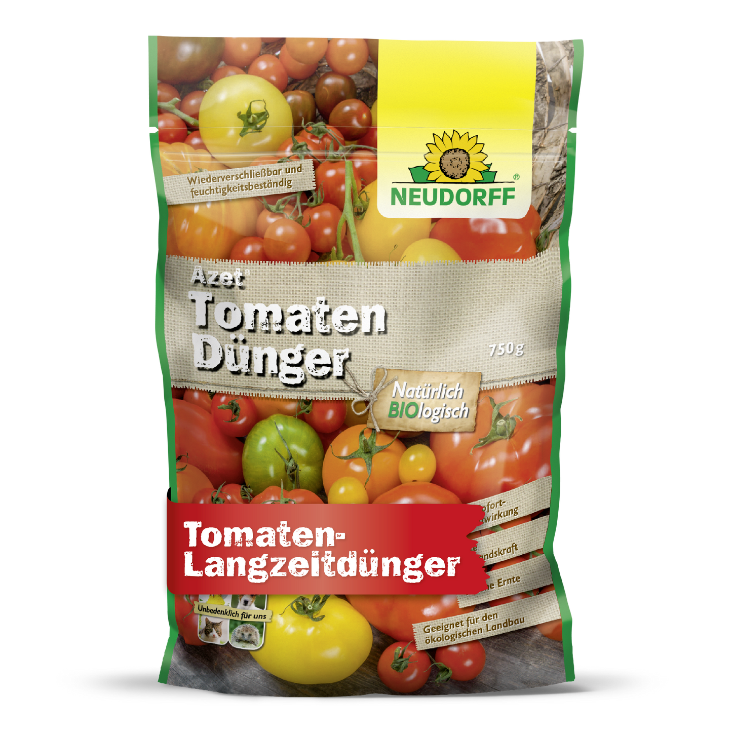 750 g pussi Neudorff Shopin Azet TomatenDünger -lannoitetta on varustettu tomaattikuvioilla ja keltaisella auringonkukkalogolla. Tämä orgaaninen täyslannoite tarjoaa luonnollisia, pitkäkestoisia ravinteita runsaille tomaattisadoille.