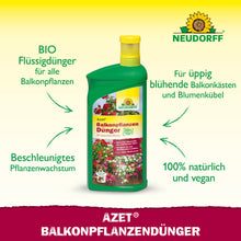 Die grün-gelbe Flasche von Neudorff Shop Azet BalkonpflanzenDünger flüssig hebt das schnelle Wachstum, die üppige Sommerblüte, die Eignung für alle Balkonkästen und die 100% natürliche, vegane Rezeptur hervor.
