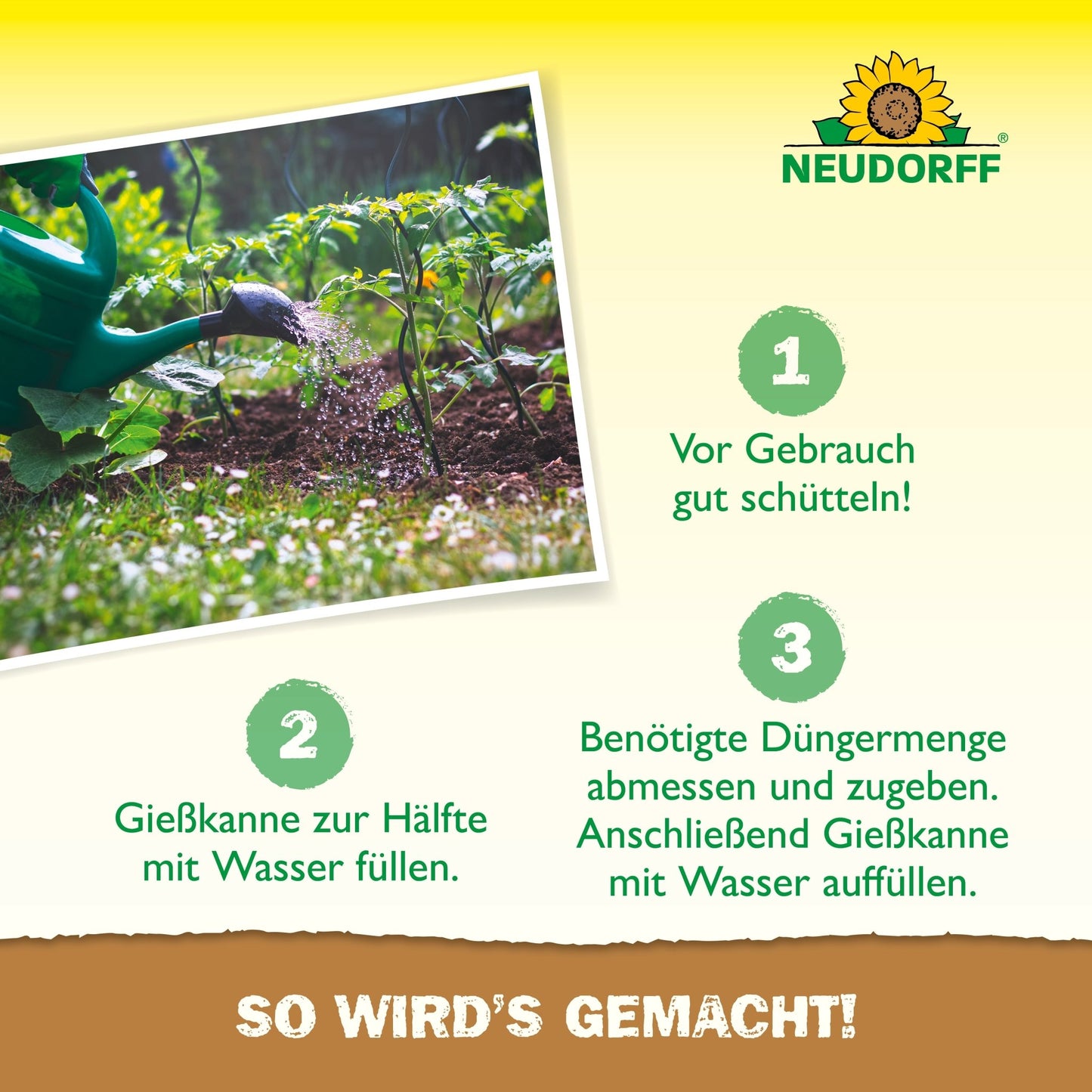 Neudorff Shop Azet UniversalDünger -nestemäinen voidaan sekoittaa kastelukannuun täyttämällä se puoliksi, lisäämällä nestemäinen lannoite, täyttämällä vedellä ja seuraamalla saksalaista ohjetta ihanteelliseen ravintoainekoostumukseen. Neudorff-logo näkyy oikeassa yläkulmassa.
