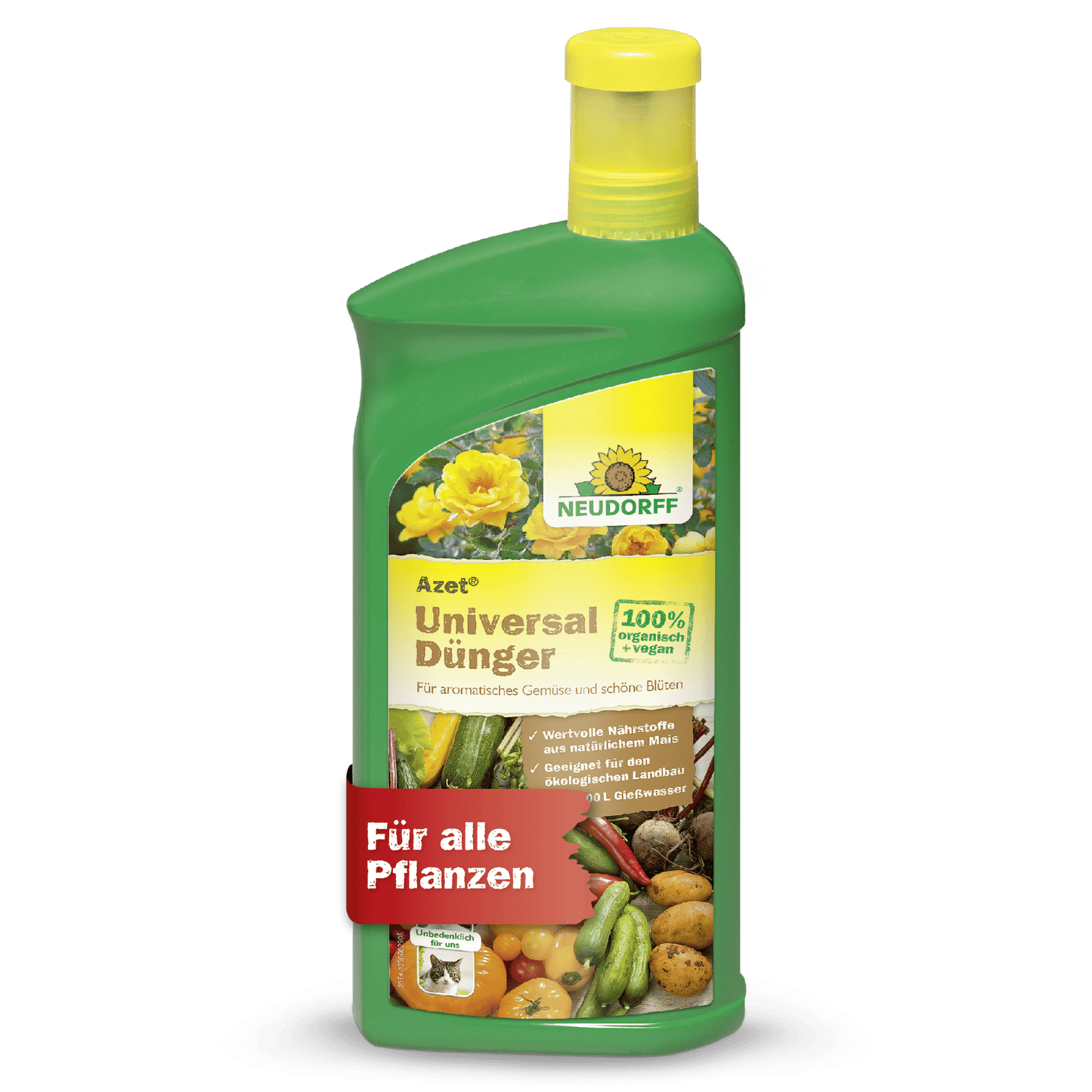 Vihreä Neudorff Shop Azet UniversalDünger -nestemäinen pullo, jossa on keltainen korkki, kukka- ja vihanneskuvioita sekä punainen "Kaikille kasveille" -banneri. Toimittaa tasapainoisia ravintoaineita terveelliseen kasvien kasvuun.