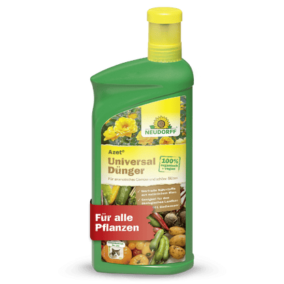 Vihreä Neudorff Shop Azet UniversalDünger -nestemäinen pullo, jossa on keltainen korkki, kukka- ja vihanneskuvioita sekä punainen "Kaikille kasveille" -banneri. Toimittaa tasapainoisia ravintoaineita terveelliseen kasvien kasvuun.