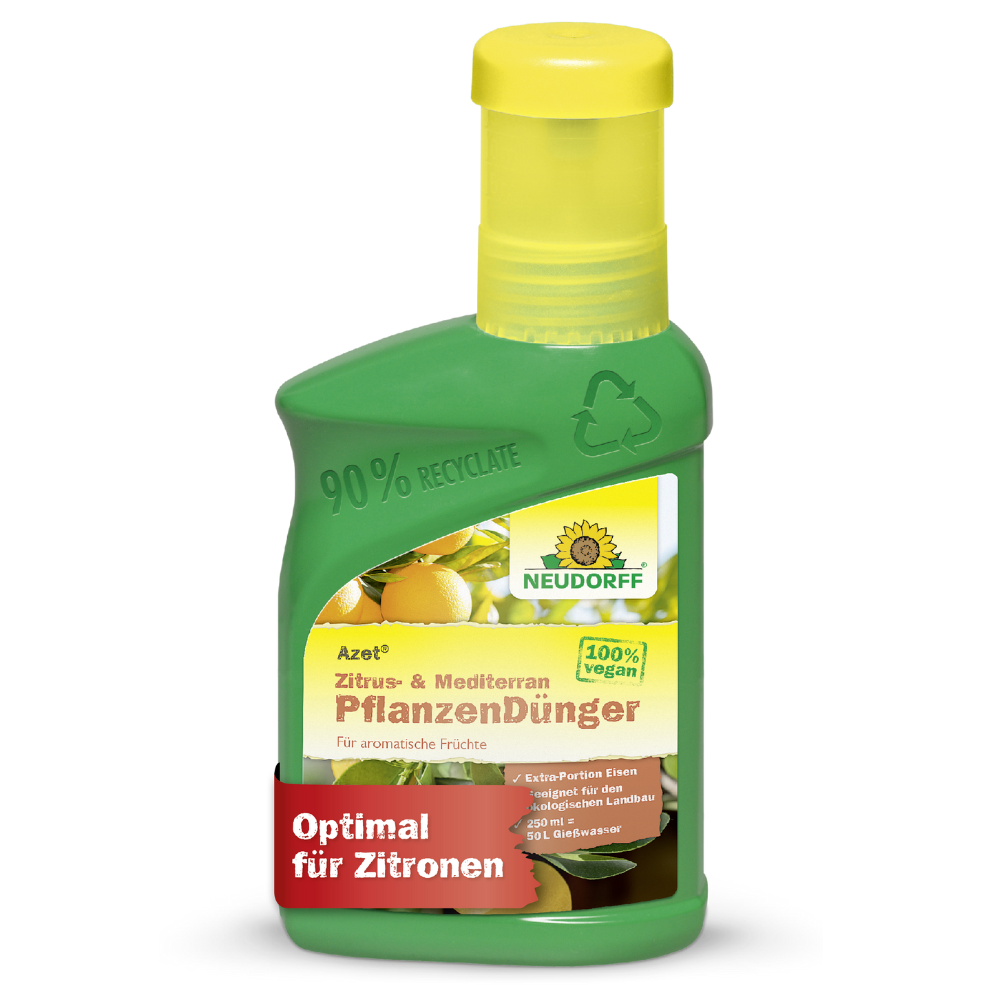 Eine grüne Plastikflasche von Neudorff Shop Azet Zitrus- & MediterranpflanzenDünger flüssig mit gelber Kappe, 100% vegan, aus 90% recyceltem Material, ideal für Zitronen, Oleander und andere mediterrane Pflanzen.
