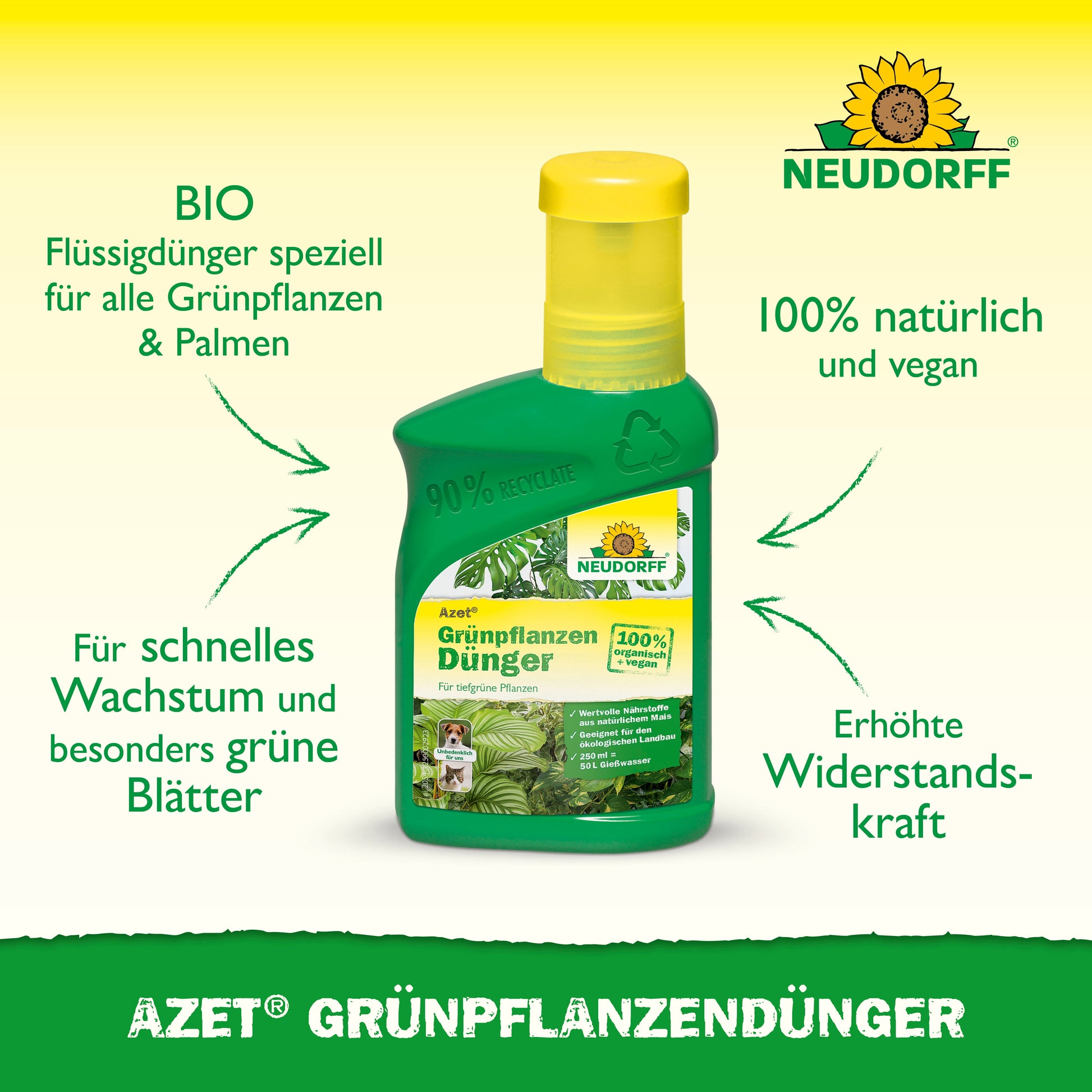 Eine grüne Flasche Neudorff Shop Azet GrünpflanzenDünger flüssig mit einer gelben Kappe, auf der ein deutscher Text über die organischen Nährstoffe für Zimmerpflanzen steht, die ein schnelles Wachstum, leuchtend grüne Blätter und eine stärkere Widerstandskraft fördern.